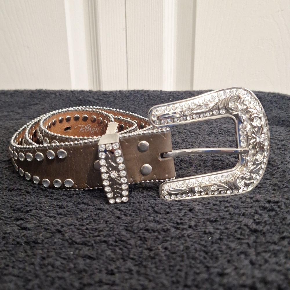 Blazin Roxx Brown Leather Silver Studded Rhinestone Belt  Silver Accents-S